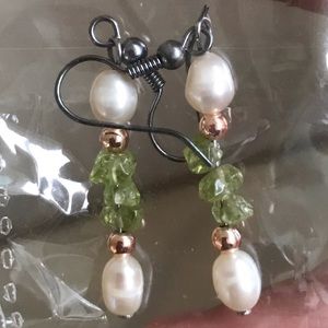 Silver hooks w/ fake pearl, rose gold, & jade